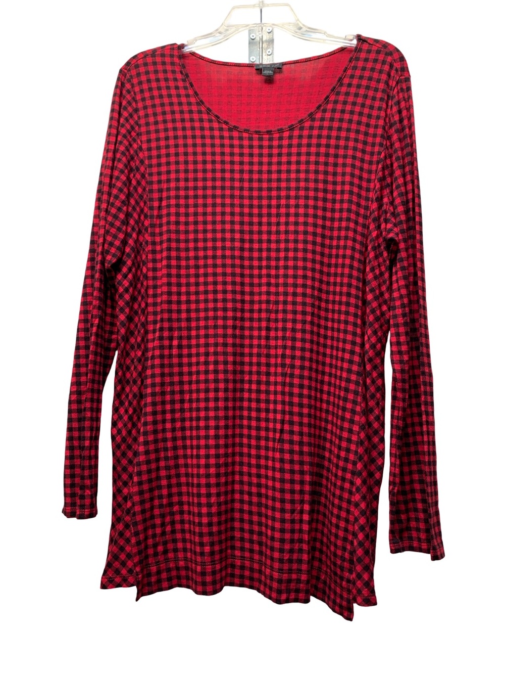 J. Jill Red and Black Check Long Sleeve Scoop Neck Top